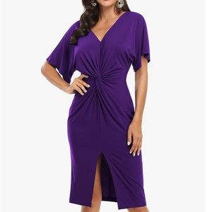 Women’s Classic front twist knot, V-neck, front slit, midi dress